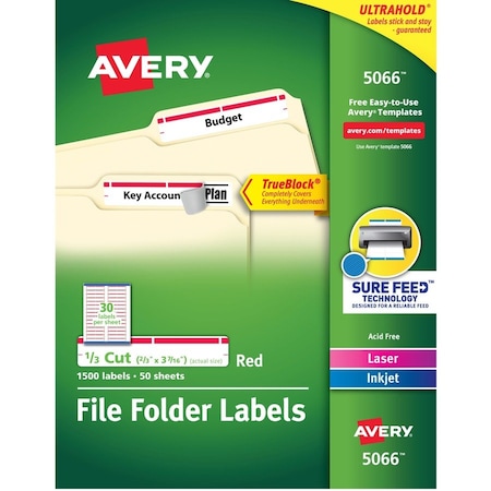 Avery File Folder Labels, TrueBlock, 1/3 Cut, 1500/BX, Red PK AVE5066